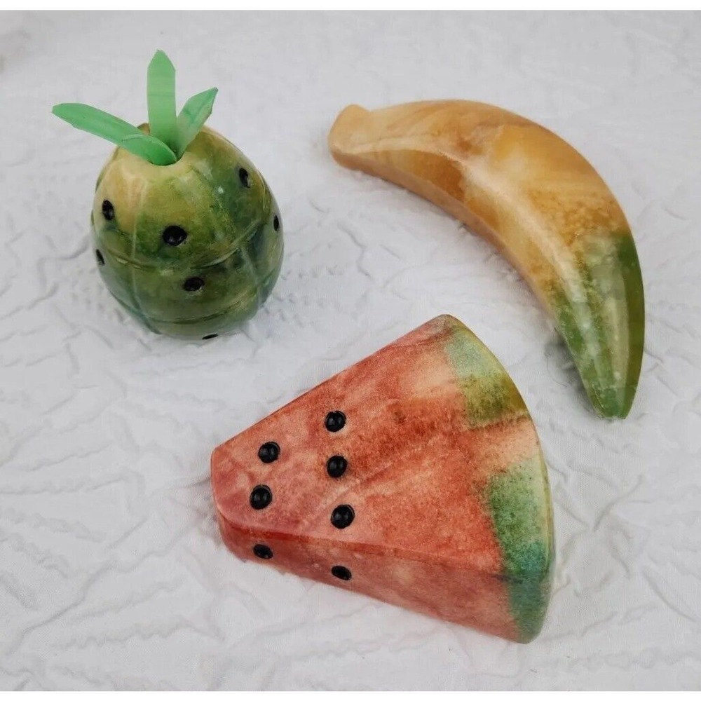 Italian Alabaster‎ Stone Fruit Banana Pineapple Watermelon Set Of 3 Vintage